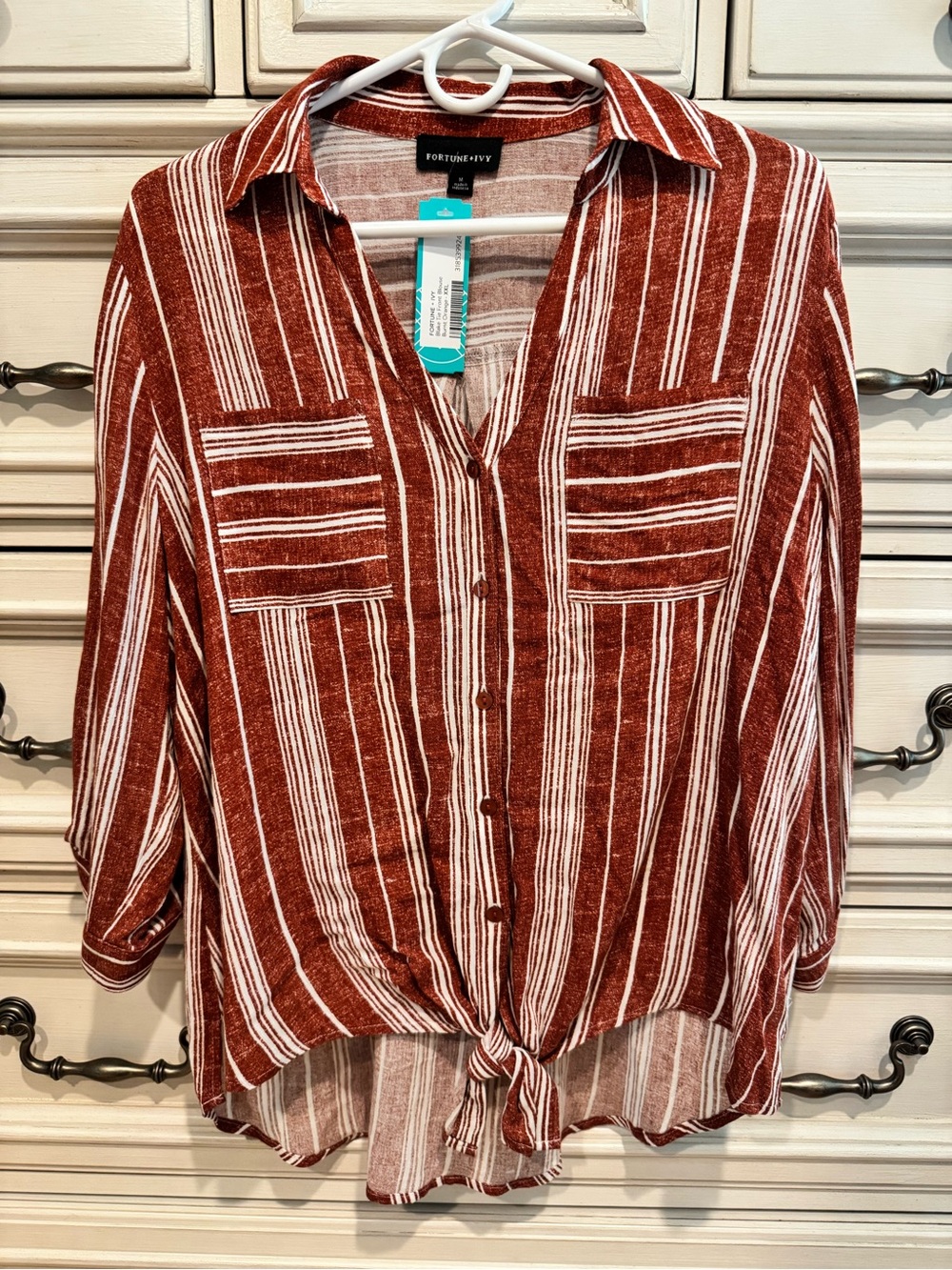 Fortune + Ivy Rust Stripe Button-Front Tie-Hem Shirt